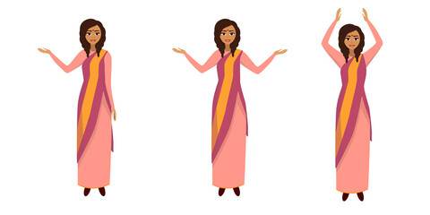Indian girl dressed in pink sari flat style vector illustration. Asian girl. Eastern woman in a dress.