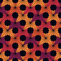 Seamless surface pattern with bright maple leaves. Repeated interlocking orchid flowers. Floral abstract background. Traditional japanese asanoha motif. Colorful digital paper, textile print. Vector