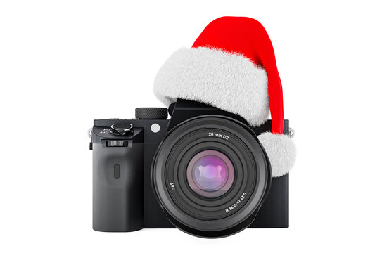 Digital camera with Christmas Santa hat. 3D rendering