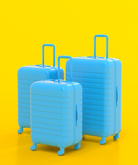 Colorful suitcase on yellow background. 3D render of summer vacation concept
