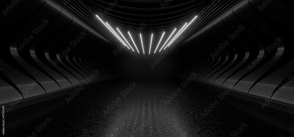 Poster a dark tunnel lit by white neon lights. reflections on the floor and walls. 3d rendering image.