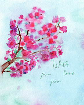 love confession card sakura blossom on a background of the sky watercolor drawing, pink flowers of japanese cherry on the branches with the inscription With love for you