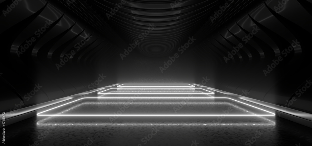 Poster a dark tunnel lit by white neon lights. reflections on the floor and walls. 3d rendering image.