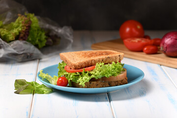 Sandwich with ham and fresh salad on the plate.