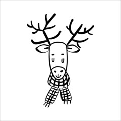 Naklejka premium Deer with antlers and scarf doodle vector illustration Hand drawn christmas and new year character