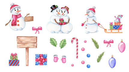 Christmas set of cute watercolor snowmen. Snowmen give a friend a gift 
