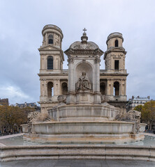 Fototapeta na wymiar Paris, France - 11 13 2021: Saint-Germain-des-Pres district. View outside Saint-Sulpice Church