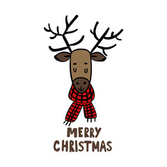 Christmas deer in a scarf. Cute postcard vector illustration.