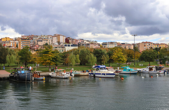 Istanbul, Turkey - September 29, 2021 : Hask&ouml;y beach view from the sea in Istanbul , moored boats in the sea.