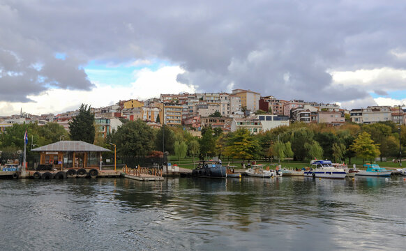 Istanbul, Turkey - September 29, 2021 : Hask&ouml;y ferry pier view from the sea in Istanbul