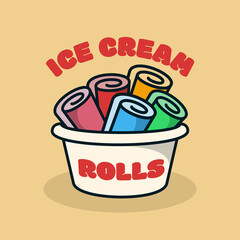 Ice cream rolls fried and wrapped together. Logo, illustration vector with place for a company name. Delicious dessert image for cafe and restaurant