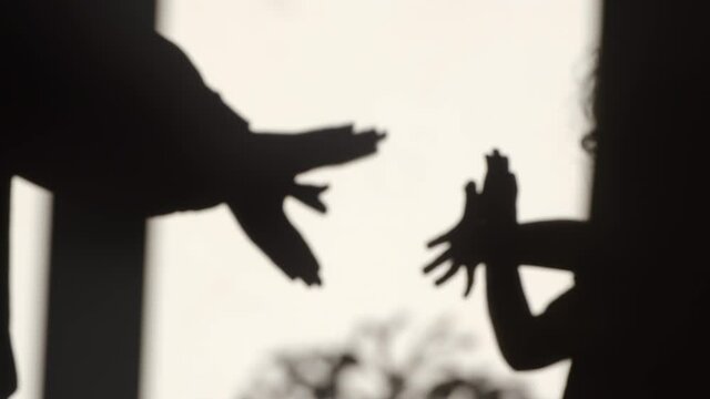 Silhouette of unrecognizable mother and small child of primary school age telling stories using shadow, shows flying birds on background. Theater for children leisure and entertainment at home