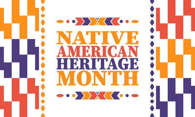 Native American Heritage Month. American Indian culture. Celebrate annual in in November in United States. Tradition Indian pattern. Poster and banner. Vector authentic ornament, ethnic illustration