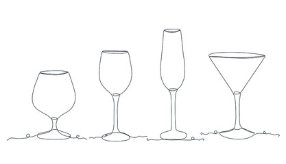 Vector one continuous line illustration set of glasses for wine, champagne, cognac, and martini.