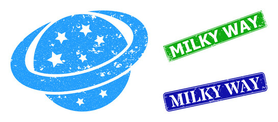 Grunge space planet icon and rectangle corroded Milky Way stamp. Vector green Milky Way and blue Milky Way seals with corroded rubber texture, designed for space planet illustration.