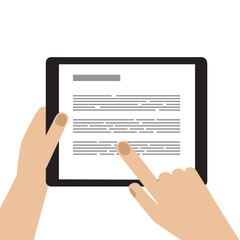 Hand pointing tablet vector illustration. Finger touching device screen. Using electronic gadget for work and leisure. Template for web, ad, app, article.