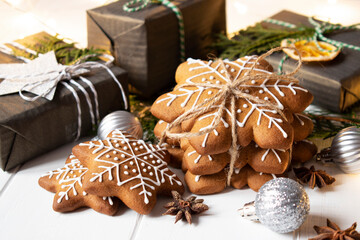 christmas composition presents, christmas balls, gingerbread cookies and anise stars