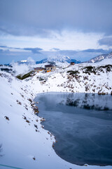 富山県立山町にある立山の冬の雪景色のある風景 Landscape with snowy winter scenery of Tateyama in Tateyama Town, Toyama Prefecture, Japan.