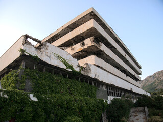 Abandoned hotel building after shelling.