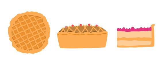 Homemade pies vector food illustration.Traditional Thanksgiving dessert. Pie piece drawing. Autumn holiday symbol. Use for cards, poster, menu, invitation.