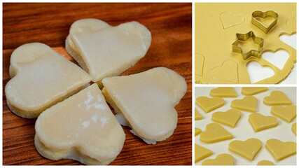 Christmas collage: Santa hat, pine cones, Advent wreath, branches, candles, cookies, cookie cutter, dough 