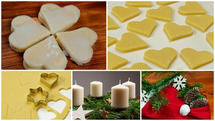 Christmas collage: Santa hat, pine cones, Advent wreath, branches, candles, cookies, cookie cutter, dough 