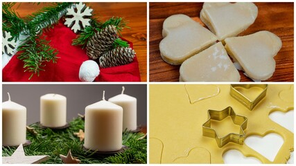 Christmas collage: Santa hat, pine cones, Advent wreath, branches, candles, cookies, cookie cutter, dough 