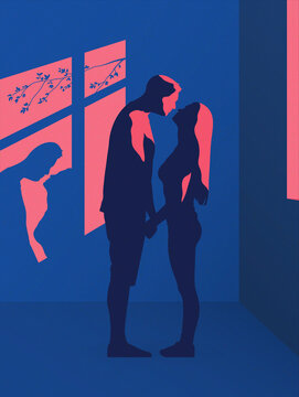 Kissing couple. Lovers silhouette at window. Home self-isolation