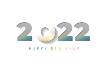 2022 Happy New Year Cut and Fading Numerals Logo with Golden Halftone Effect and Lettering - Gold and Multicolor on White Background - Mixed Graphic Design