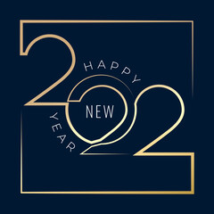 Fototapeta na wymiar 2022 Sharp Line Style Numerals Combined with Frame Inverted Logo Creative Concept and Happy New Year Lettering - Gold on Blue Background - Flat Graphic Design