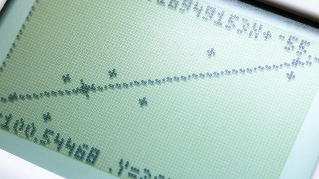 Linear regression line model on a modern scientific calculator screen, LCD display macro, closeup detail. Statistics, mathematics, data science and engineering, predictions abstract concept, nobody