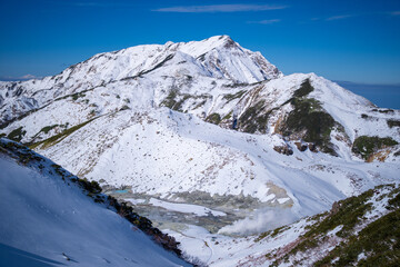 富山県立山町にある立山の冬の雪景色のある風景 Landscape with snowy winter scenery of Tateyama in Tateyama Town, Toyama Prefecture, Japan.