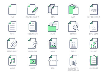 File line icons. Vector illustration include icon - paper, pdf, pen, document, checklist, page, image, sheet, copy, photo outline pictogram for web attachment. Green Color, Editable Stroke