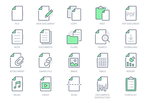 File line icons. Vector illustration include icon - paper, pdf, pen, document, checklist, page, image, sheet, copy, photo outline pictogram for web attachment. Green Color, Editable Stroke