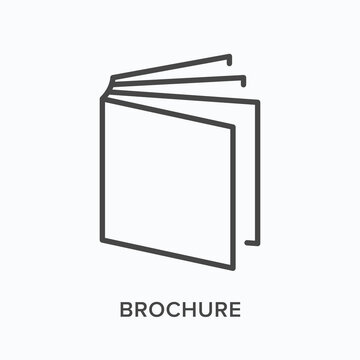 Brochure flat line icon. Vector outline illustration of marketing booklet. Black thin linear pictogram for pamphlet