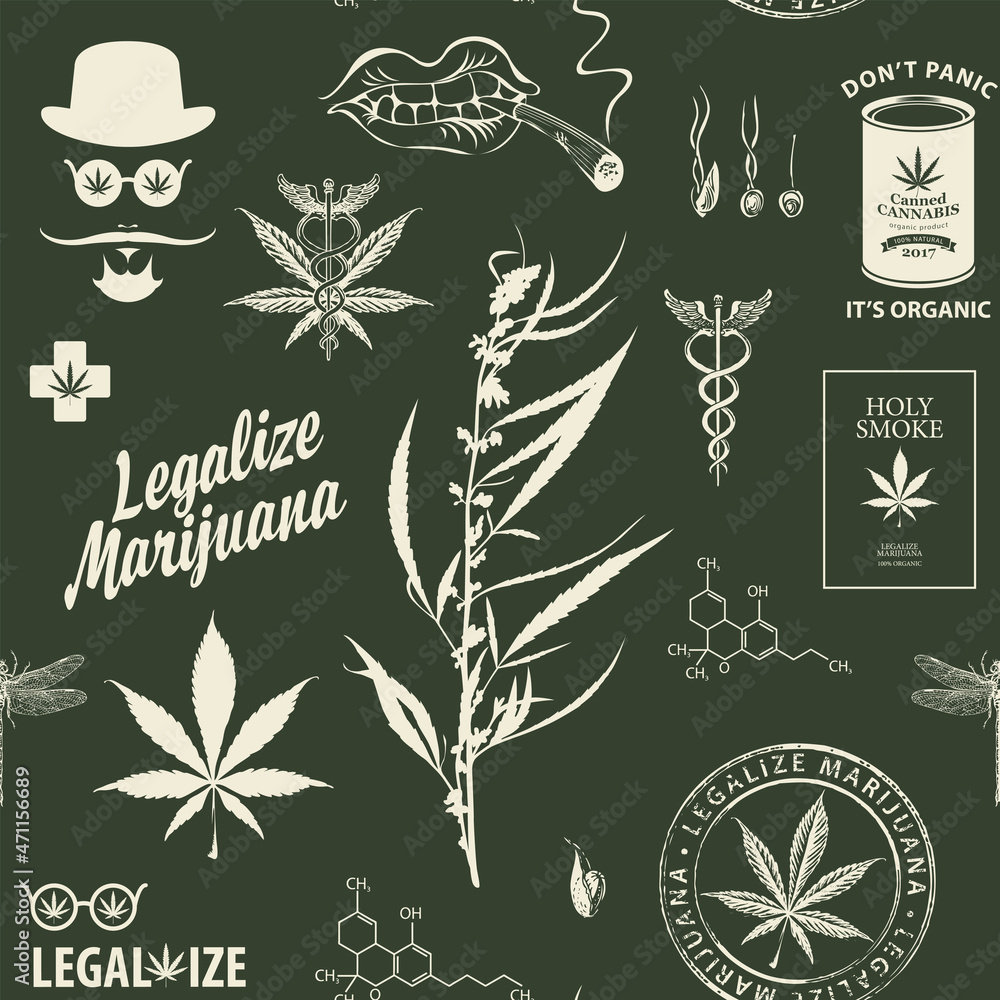 Aufkleber vector seamless pattern in retro style on a theme of legalize marijuana. monochrome repeating backgr