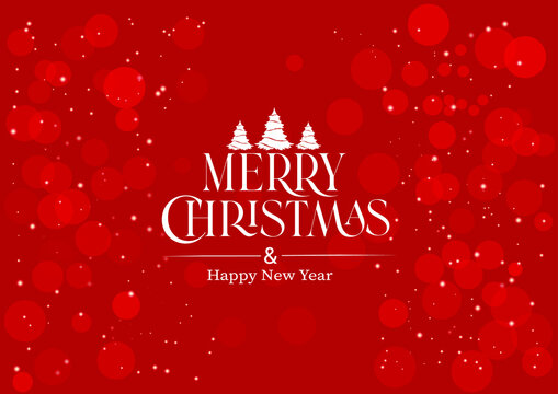 Merry christmas and happy new year logo with realistic christmas red bokeh background Free Vector