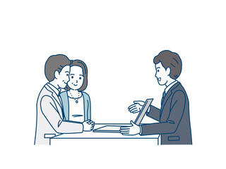 お客に説明する　スーツ姿の男性　セールスマン　ビジネス　夫婦　保険屋　税理士　不動産