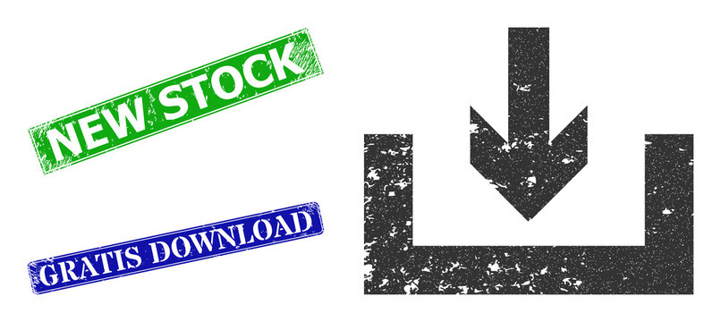 Grunge download box icon and rectangle rubber New Stock seal. Vector green New Stock and blue Gratis Download imprints with unclean rubber texture, designed for download box illustration.