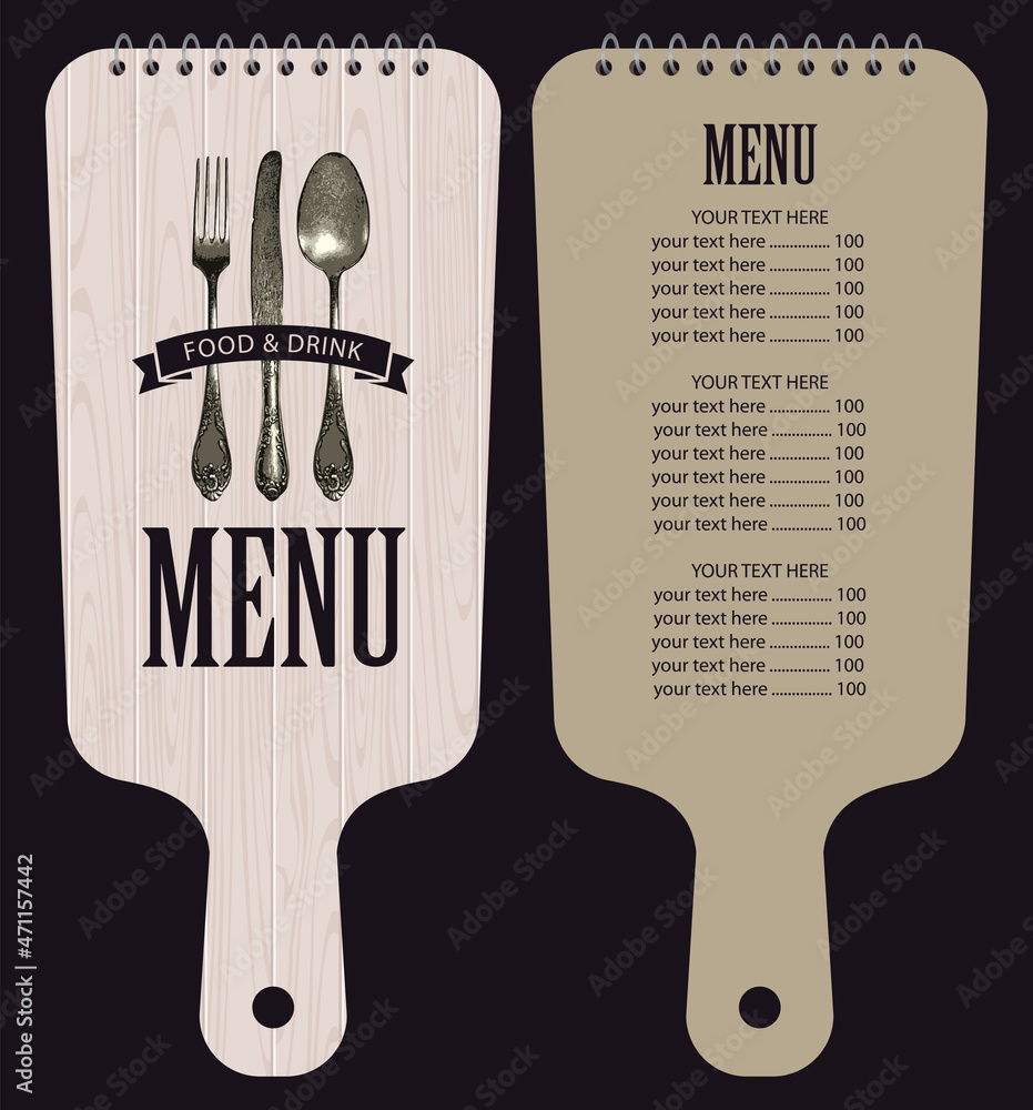 Poster vector restaurant menu in the form of a wooden cutting board with a price list, old silver cutlery a