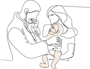 Continuous one line drawing of Industry maintenance engineer wearing uniform and safety helmet under inspection by tablet. Minimal outline concept. Vector illustration