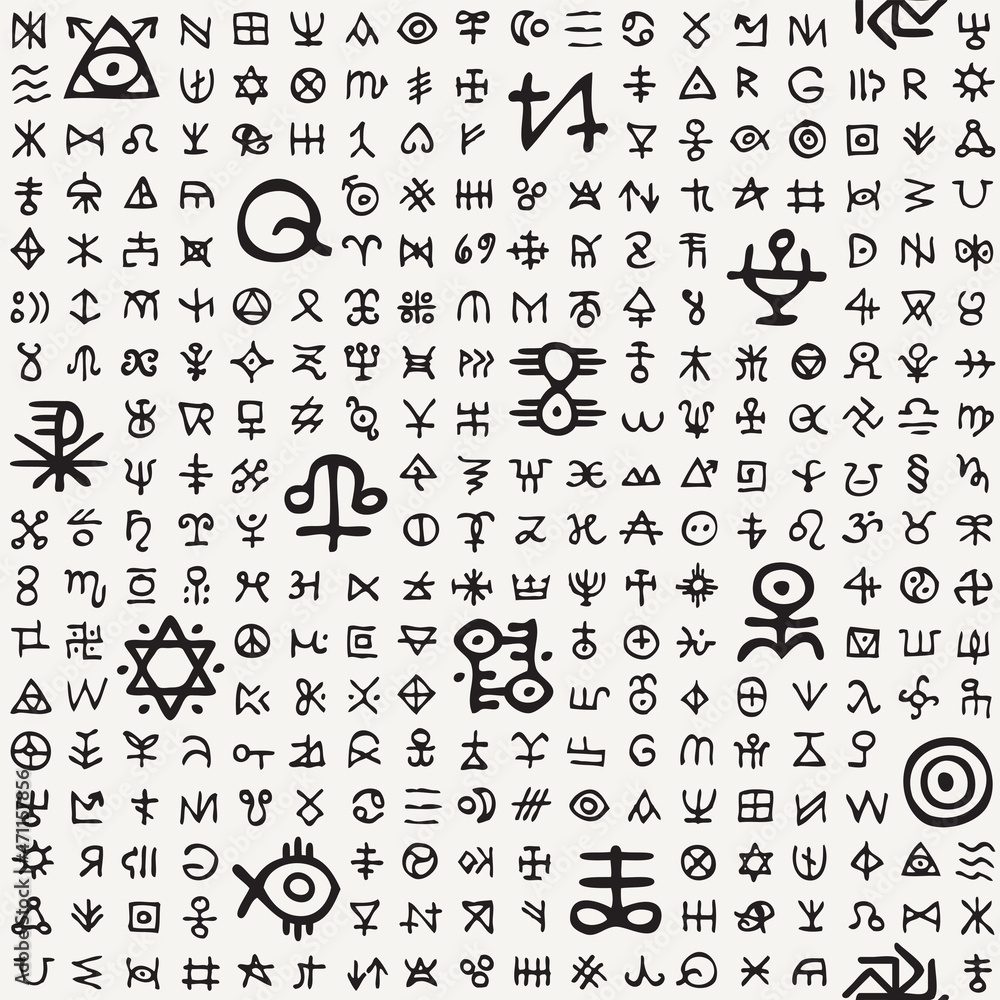 Poster vector seamless pattern with magical runes and esoteric signs. abstract monochrome background with b