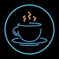 cup of coffee neon sign, modern glowing banner design, colorful modern design trends. Vector illustration.