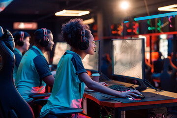 Rear view of concentrated addicted multiethnic gamers using powerful computers for online game...
