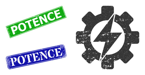 Grunge electrical industry icon and rectangle rubber Potence seal. Vector green Potence and blue Potence seals with retro rubber texture, designed for electrical industry illustration. © Viktor