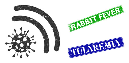 Grunge virus emanation icon and rectangle rubber Rabbit Fever seal stamp. Vector green Rabbit Fever and blue Tularemia watermarks with distress rubber texture,