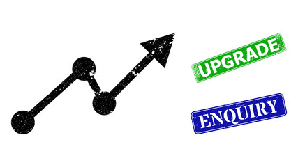 Grunge up trend icon and rectangle unclean Upgrade seal stamp. Vector green Upgrade and blue Enquiry imprints with grunge rubber texture, designed for up trend illustration.