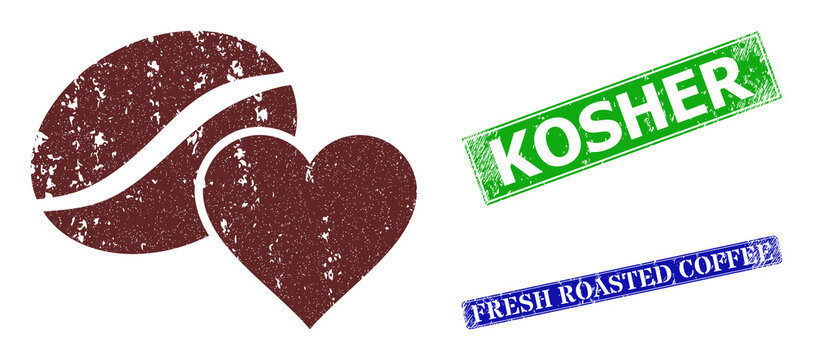 Grunge coffee love icon and rectangle textured Kosher seal. Vector green Kosher and blue Fresh Roasted Coffee seals with grunge rubber texture, designed for coffee love illustration.