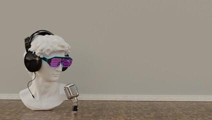 Statue. Isolated. Gypsum statue of David's head. Man. Creative. Plaster statue of David's head in blue sunglasses. Minimal concept art.