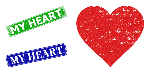 Grunge heart icon and rectangle unclean My Heart stamp. Vector green My Heart and blue My Heart imprints with grunge rubber texture, designed for heart illustration.